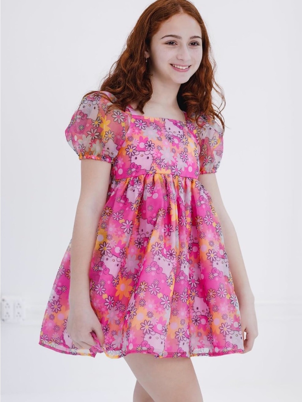 Hello Kitty Girls Puff Sleeve Square Neck Organza Dress - Size 6